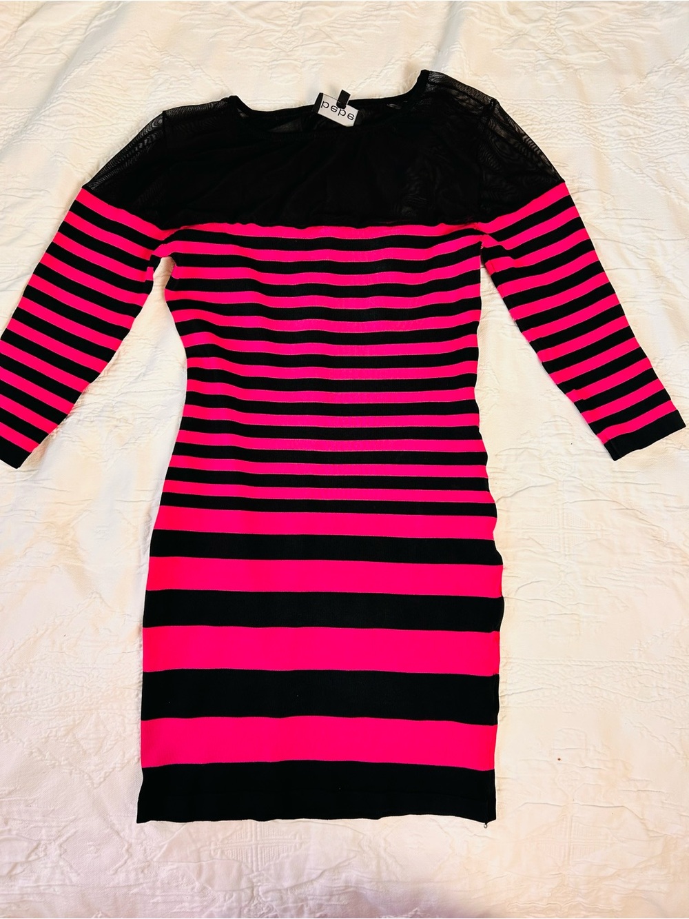 bebe Black & Hot Pink Striped Long Sleeve Bodycon Dress